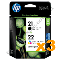 3 x Genuine HP 21 & 22 Ink Cartridges Combo Pack (CC630AA)